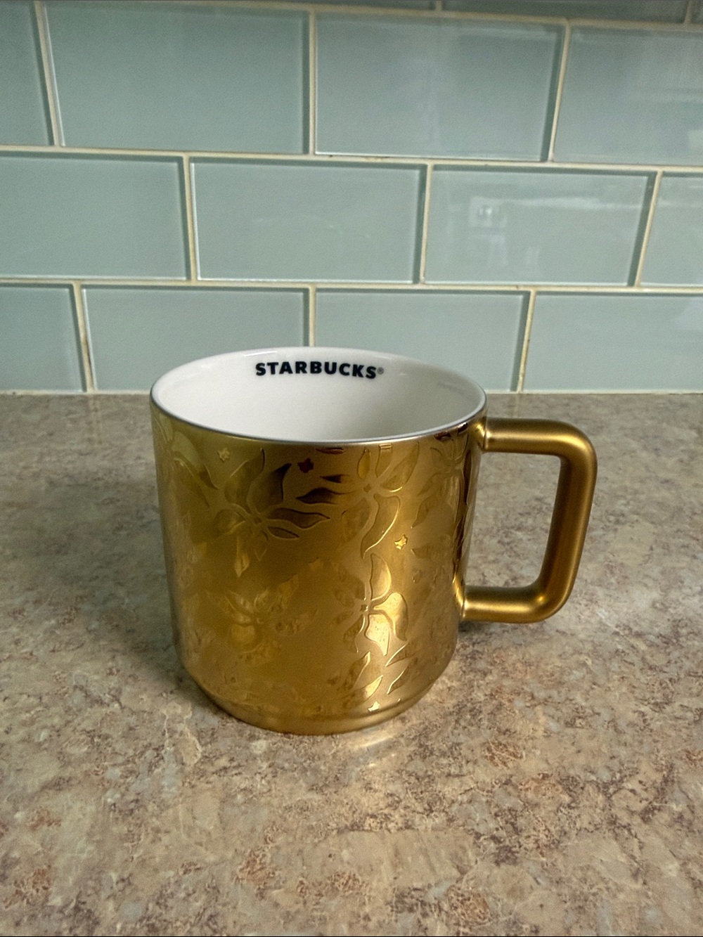 Starbucks 2025 Holiday Gold Floral Ceramic Mug - White Interior